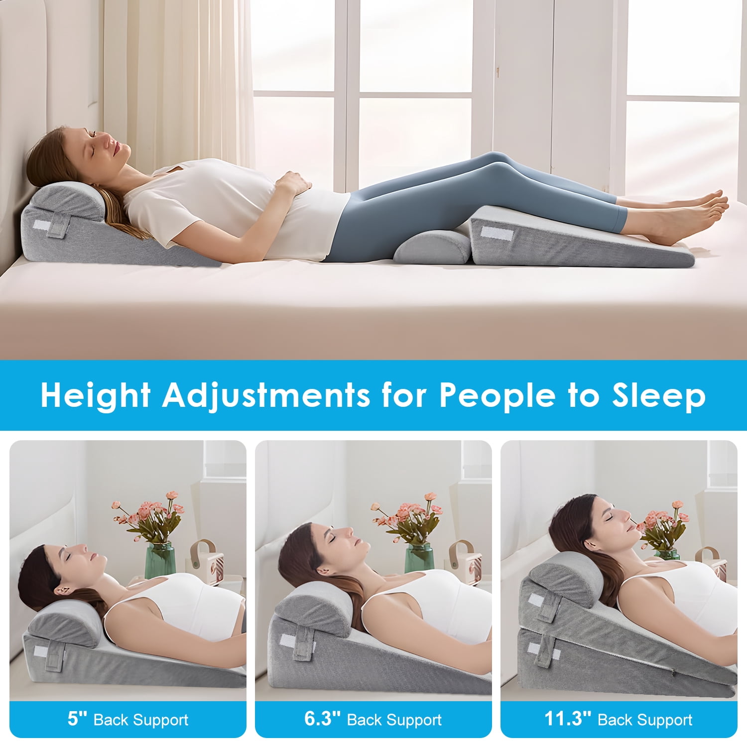 WANALIT Wedge Pillow for Sleep Apnea, Adjustable Wedge Pillow Headboard, Bed Wedge Pillow for Back, Neck, Leg Pain Relief, Pillow Wedge for Sleeping, Acid Reflux with Neck Support Pillow, Grey