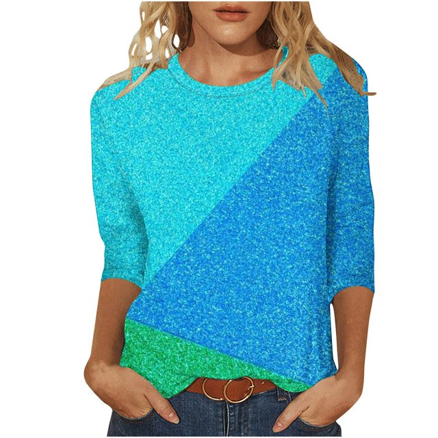 FAIWAD Womens 3/4 Sleeve Tops Round Neck Plus Size Color Block T-Shirt Summer Loose Basic Pullover Blouses