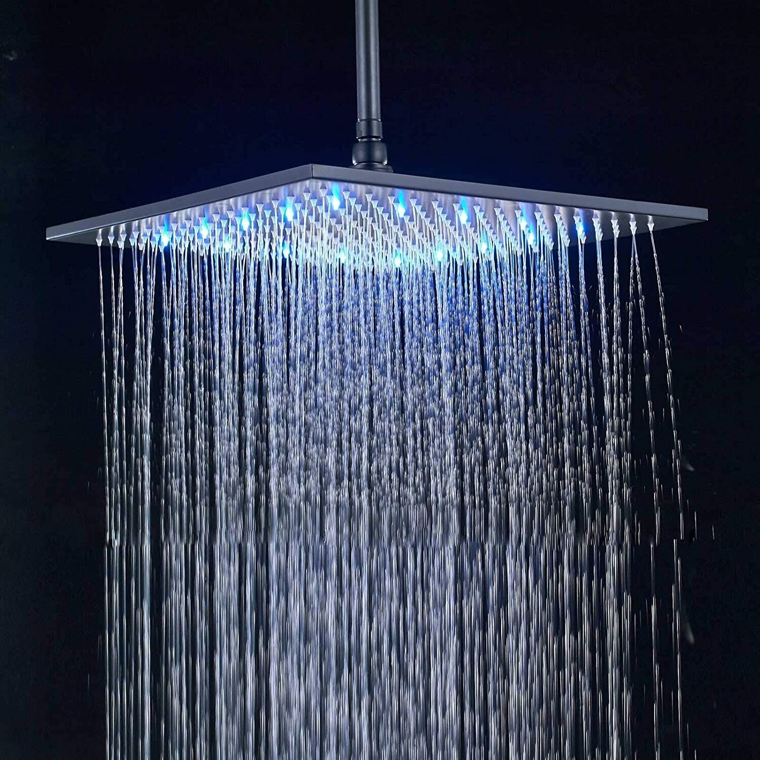 LED Black Square 16 Inch Rain Shower Head High Pressure Top Sprayer Solid Brass