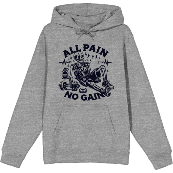 All Pain, No Gain Exhuasted Skeleton Adult Heather Gray Long Sleeve Hoodie-3XL