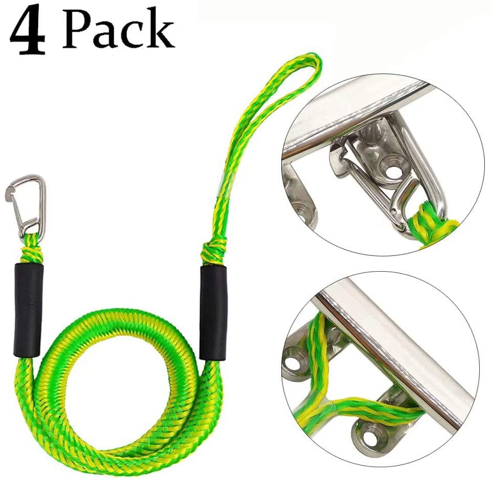 Green Mooring Rope for Boat 6 ft 4 Pack & Green Bungee Dock Line with Hook