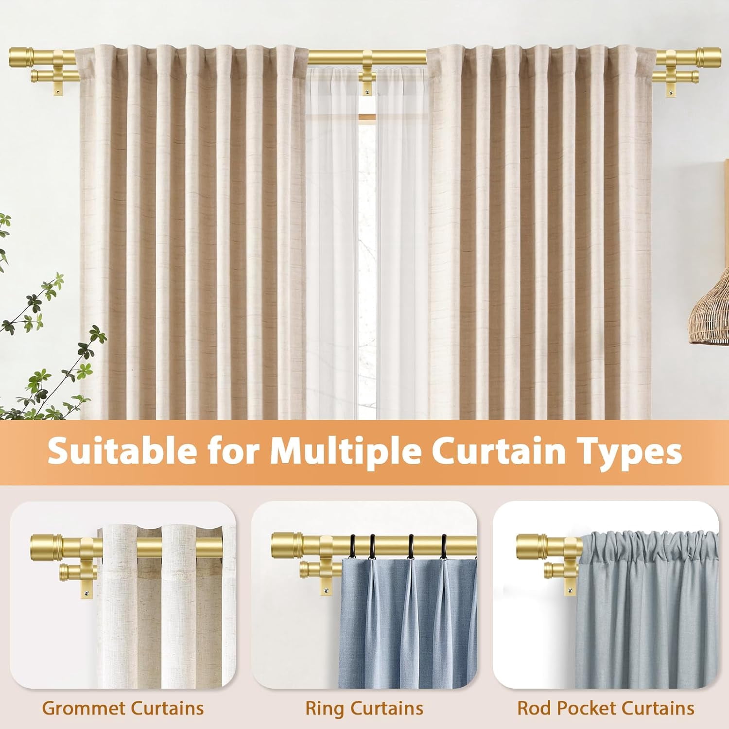 Double Curtain Rod 72 to 144 Inch,  1 Inch Heavy Duty Double Curtain Rods for Windows 60 to 140 Inches(5-11.6 ft), Telescoping Drapery Rod with Simple End Finials, Gold