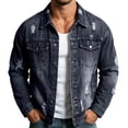 thumbnail image 2 of LYSMORA 2026 Men's Distressed Ripped Point Collar Denim Jacket, Button Front Chest Flap Pockets Loose Fit Vintage Washed Casual Shacket Outerwear, 2 of 8