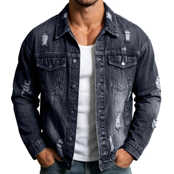 BELTNOV Men's Casual Ripped Denim Jacket Vintage Washed Frayed Trucker Coat with Pockets Black