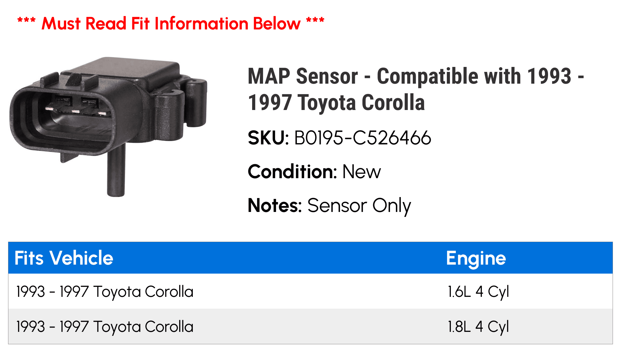 MAP Sensor - Compatible with 1993 - 1997 Toyota Corolla 1994 1995 1996
