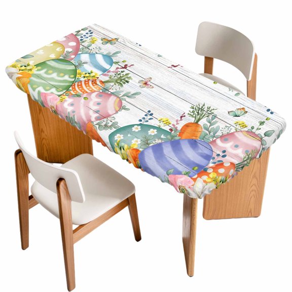 Easter Eggs Table Cloths for 6 Foot Rectangle Tables, Spring Flowers Eucalyptus Leaves Wooden Grain Patio Waterproof Elastic Fitted Tablecloths, Washable Rectangular Table Cover for Camping