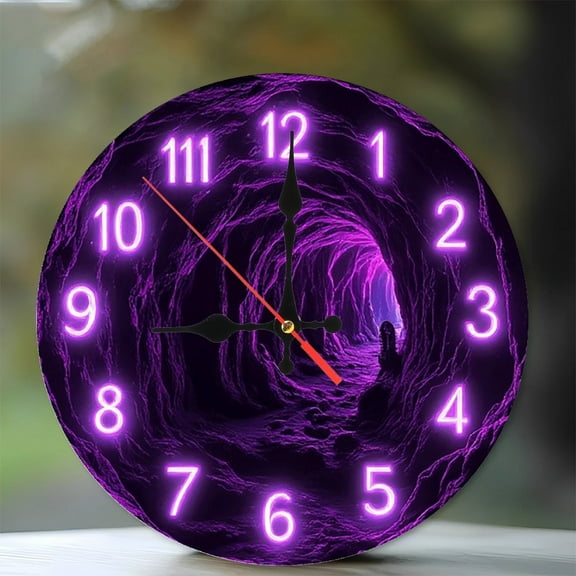 Purple Cave Neon Clock Wall Decor 10-Inch Silent Wooden Wall Clock, Battery Operated (AA Batteries Not Included), Artistic Home Decor