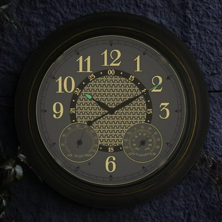 Illuminated Outdoor Clock Waterproof, Metal Large Wall Clock with Temperature & Humidity, Lighted Clock with Smart Sensor, Outdoor Wall Clocks Battery Operated, Outside Clock for Patio