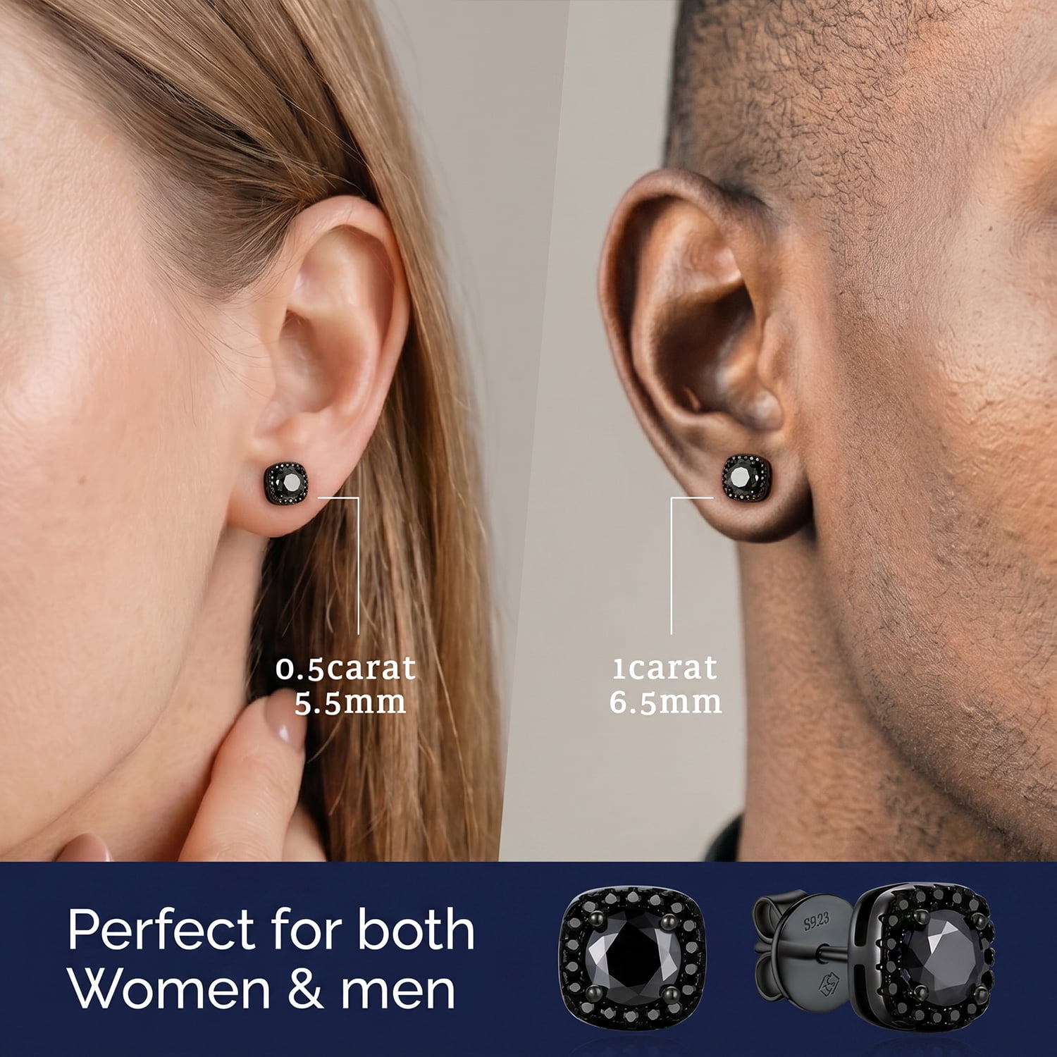 MomentWish 2 Carat Black Moissanite Stud Earrings for Women Men 925 Sterling Silver Halo Studs Father's Day Gift