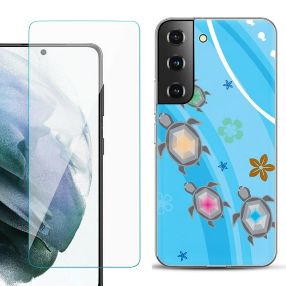 Slim-Fit TPU Fashion Phone Case for Samsung Galaxy S22 5G, with Tempered Glass Screen Protector, by OneToughShield ® - Happy Turtle