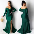 thumbnail image 3 of Vestidos de noche formales sexys con hombros descubiertos y escote oblicuo para mujer, vestidos largos de sirena con abertura y manga larga para fiestas nocturnas y clubes nocturnos, 3 of 5