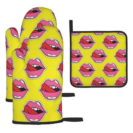 

Hot Pink Lips on Yellow Happy Valentine s Day Oven Mitts Pot Holders Set Non-Slip Cooking Kitchen Gloves Heat Resistant Oven Gloves for Microwave BBQ Baking Grilling