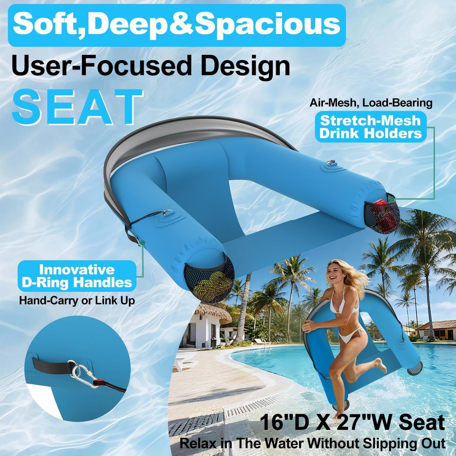 Pipopa Adult Inflatable Pool Floats&nbsp;with UPF50+ & Rain Canopy,2 Large Drink Holders,Inflatable Lounger Float for Swimming Pool,Beach,Party,Blue