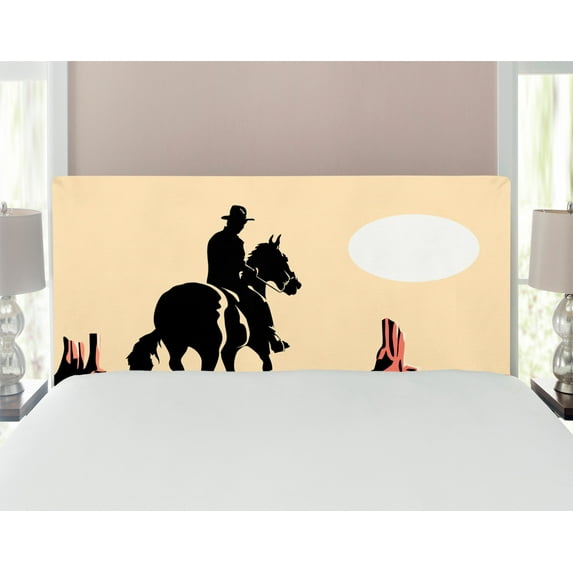 Western Headboard, Image Art of Cowboy Riding Horse Towards Sunset in Wild West Desert Hero, Upholstered Decorative Metal Bed Headboard with Memory Foam, Full Size, Yellow Orange Black, by Ambesonne