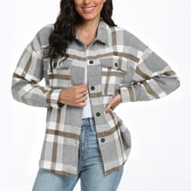 MLANM Womens Plaid Shacket Shirt Jacket Button Down Long Sleeve Shirt Coat Fall Warm Outwear Clothes,XL Light Gray