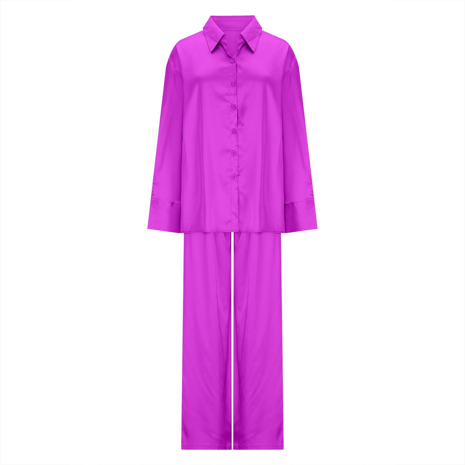Womens Two Piece Silk Sets Plus Size S-5X Long Sleeve Button Up Shirts Wide Leg Pants Soft Pajama Outfits Casual Solid Loungewear Suits Set