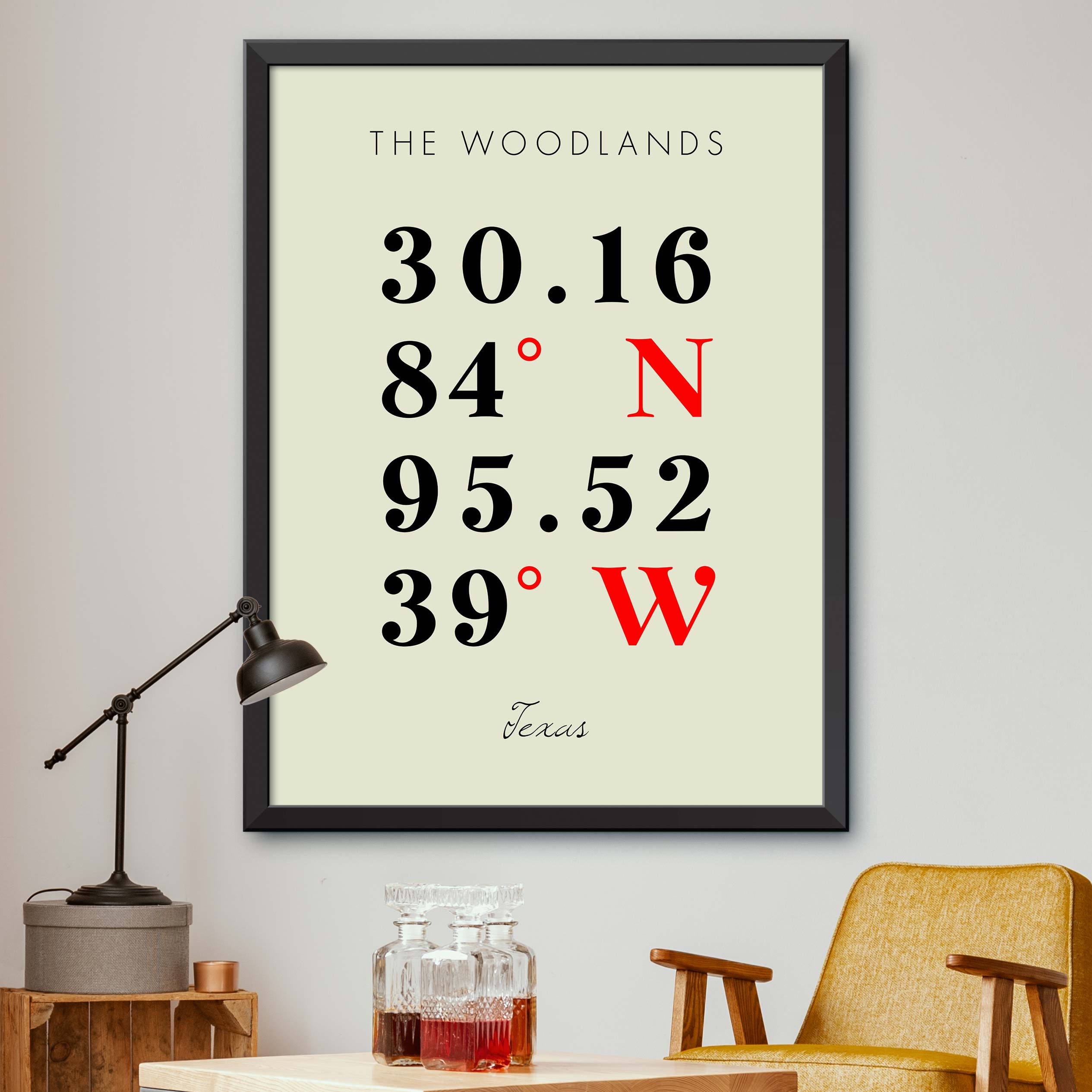 Map of The Woodlands, Texas, Multiline Coordinates Colored (36x48)