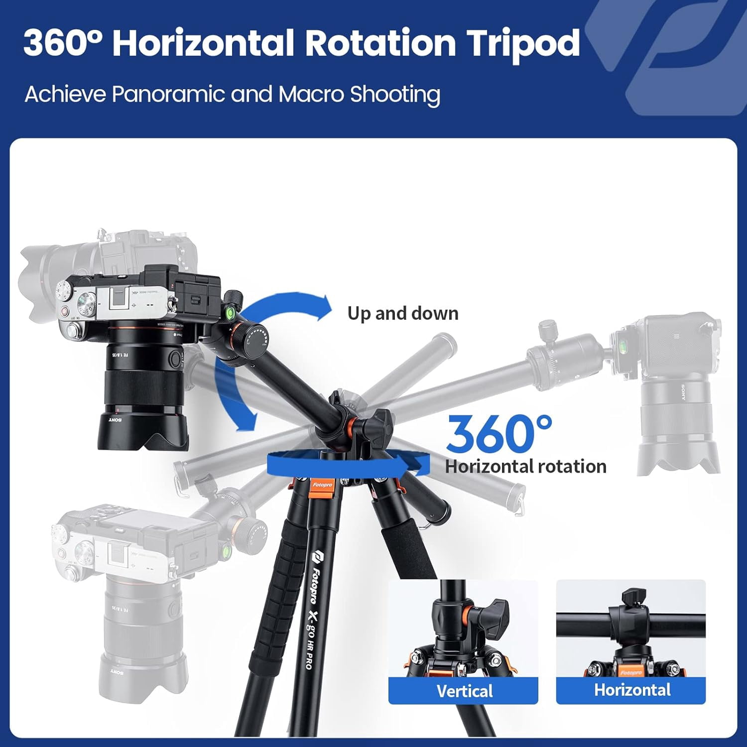 Fotopro X-Go HR Pro 62.6" Aluminum 2-in-1 Tripod and Monopod with Panoramic Ball Head, Heavy Duty Tripod Stand, 360° Horizontal Rotation, Multi Angle Center Column, Macro Shooting, Max Load 17.6 lbs