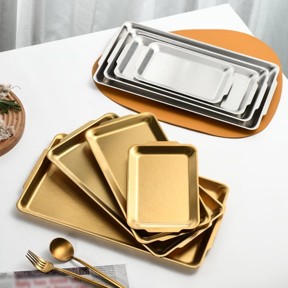Clearance | Stainless Steel Serving Tray 3-Piece Set, Rectangle Platter with Rounded Edges for BBQ, Baking, and Dessert Serving, Silver Large