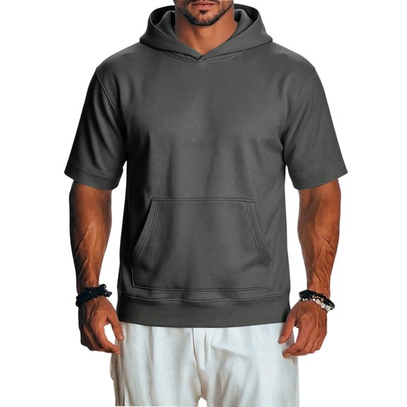 Short Sleeve Hoodies for Men Lightweight Loose Fit Retro Casual Pullover Tops Summer Workout Shirts Dark Gray 3XL