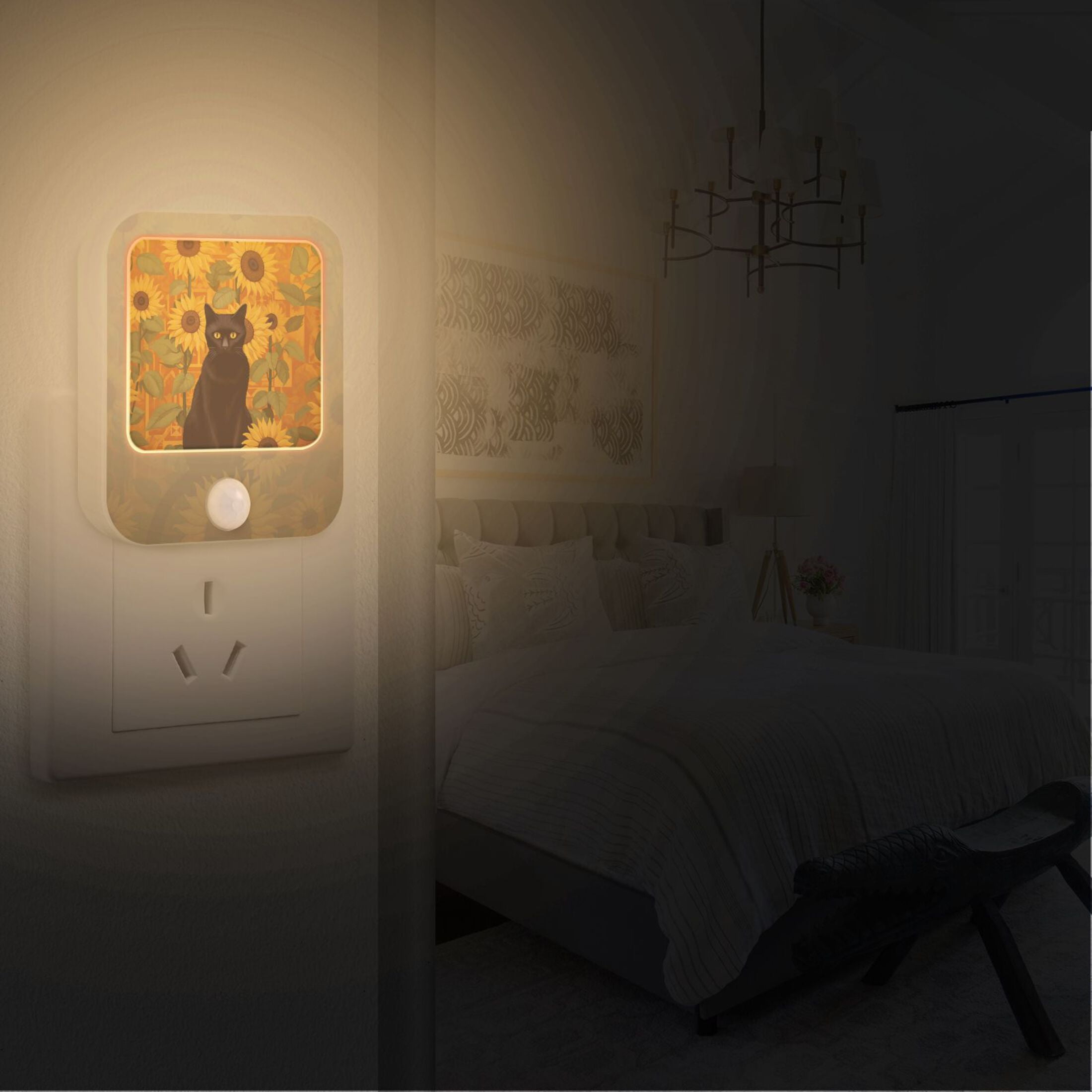 Cat Sunflowers Night Lights Plug into Wall LED with Auto Light Sensor Warm Light for Kids Hallway Bedroom Living Room Kitchen Bathroom Set of 2