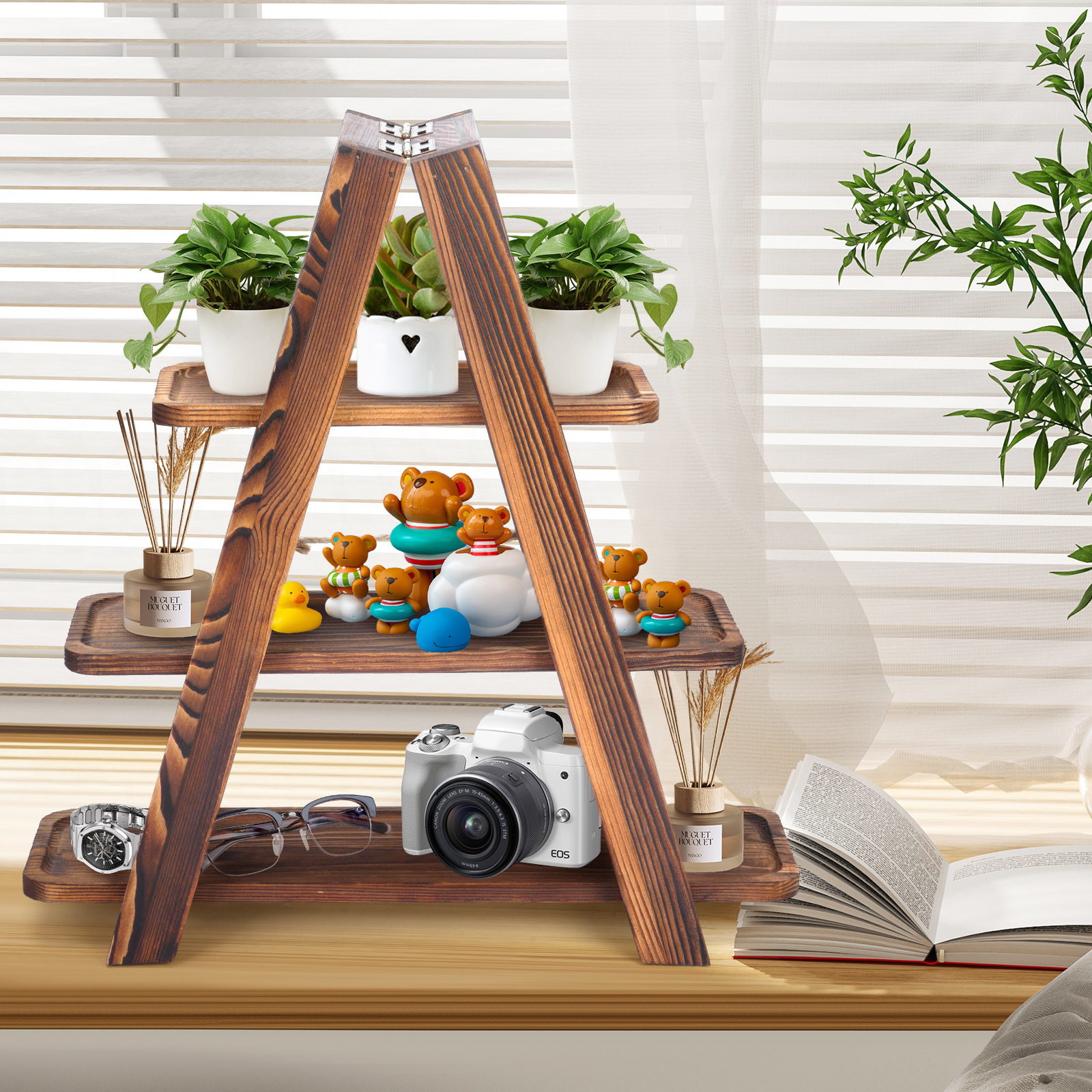 Gomok 3 Tier Serving Tray Wooden Cupcake Stand Rustic Foldable Dessert Table Display Set with Detachable Serving Platters