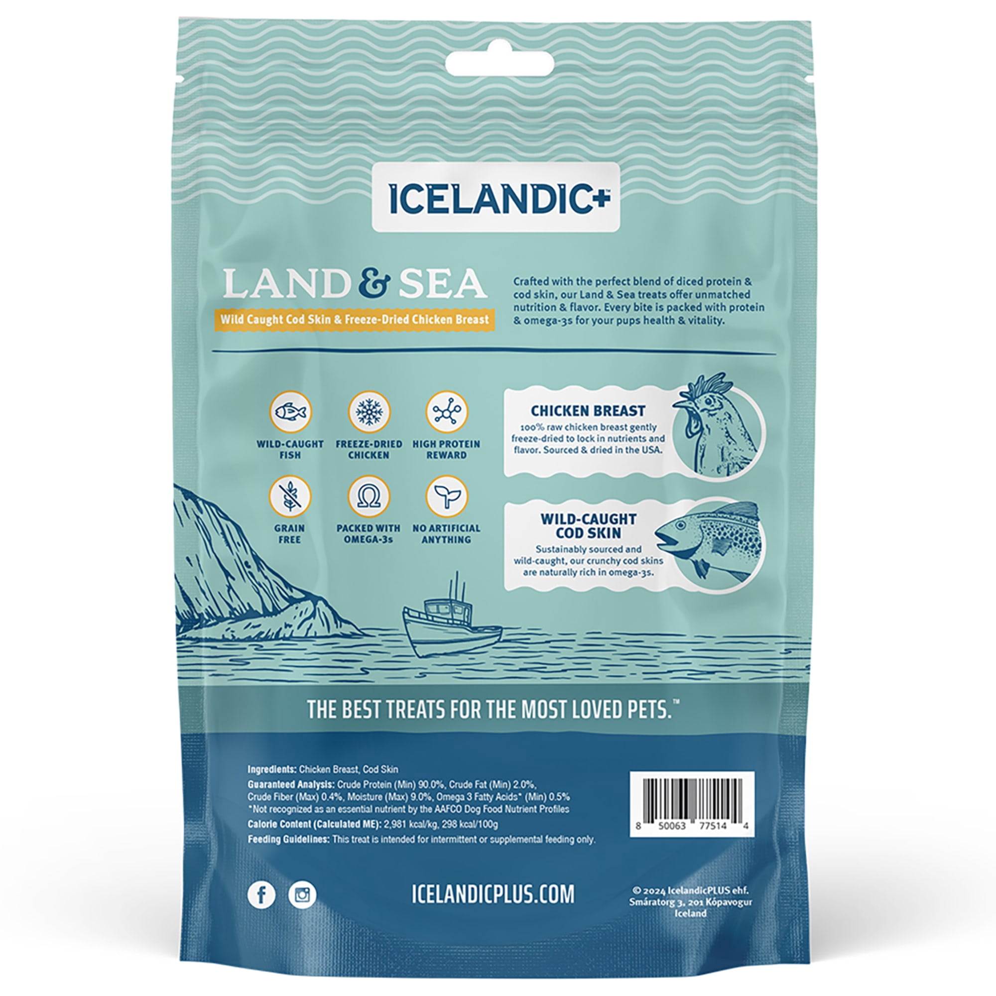 Icelandic+ Land & Sea Wild Caught Cod Skin & Freeze-Dried Chicken Breast - 2.4oz Bag, Dog Treat & Food Topper, 2 Ingredient, No Preservatives, Natural