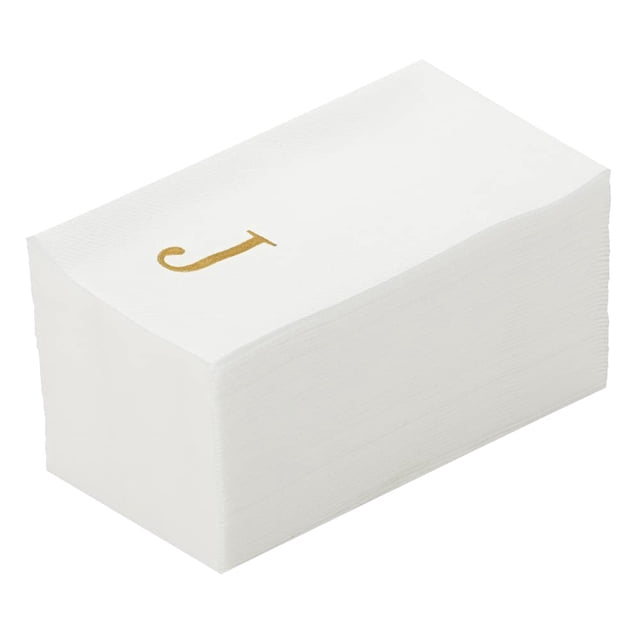 Luxenap - Toallas de lino de 15.8 x 7.9 pulgadas, 50 toallas de mano con letras – letra dorada 'J', Sans Serif Font, servilletas de papel blanco, airlaid, para baños y mesas