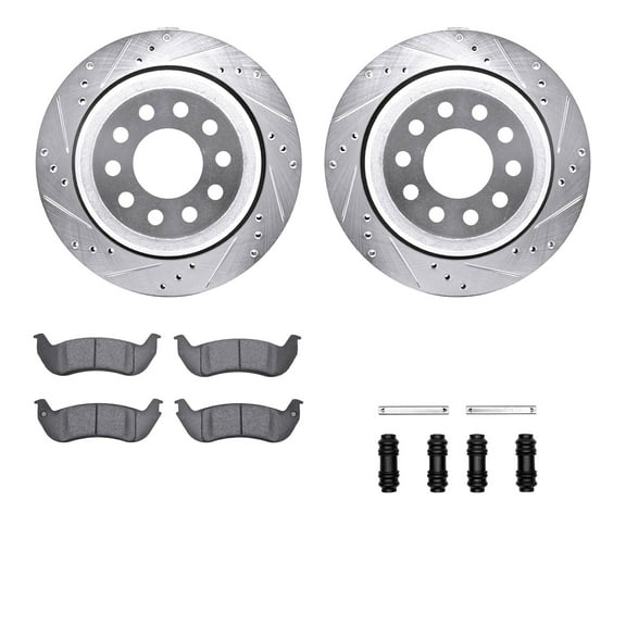 Dynamic Friction Company Rear Brake Rotors-Drilled and Slotted-Silver with Heavy Duty Brake Pads includes Hardware 7212-55003