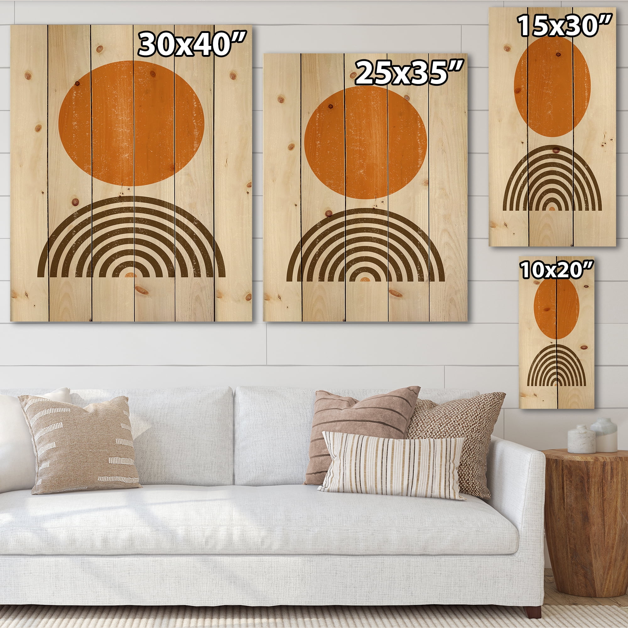 Designart 'Abstract Minimal Rainbow and Orange Sun I' Modern Print on Natural Pine Wood