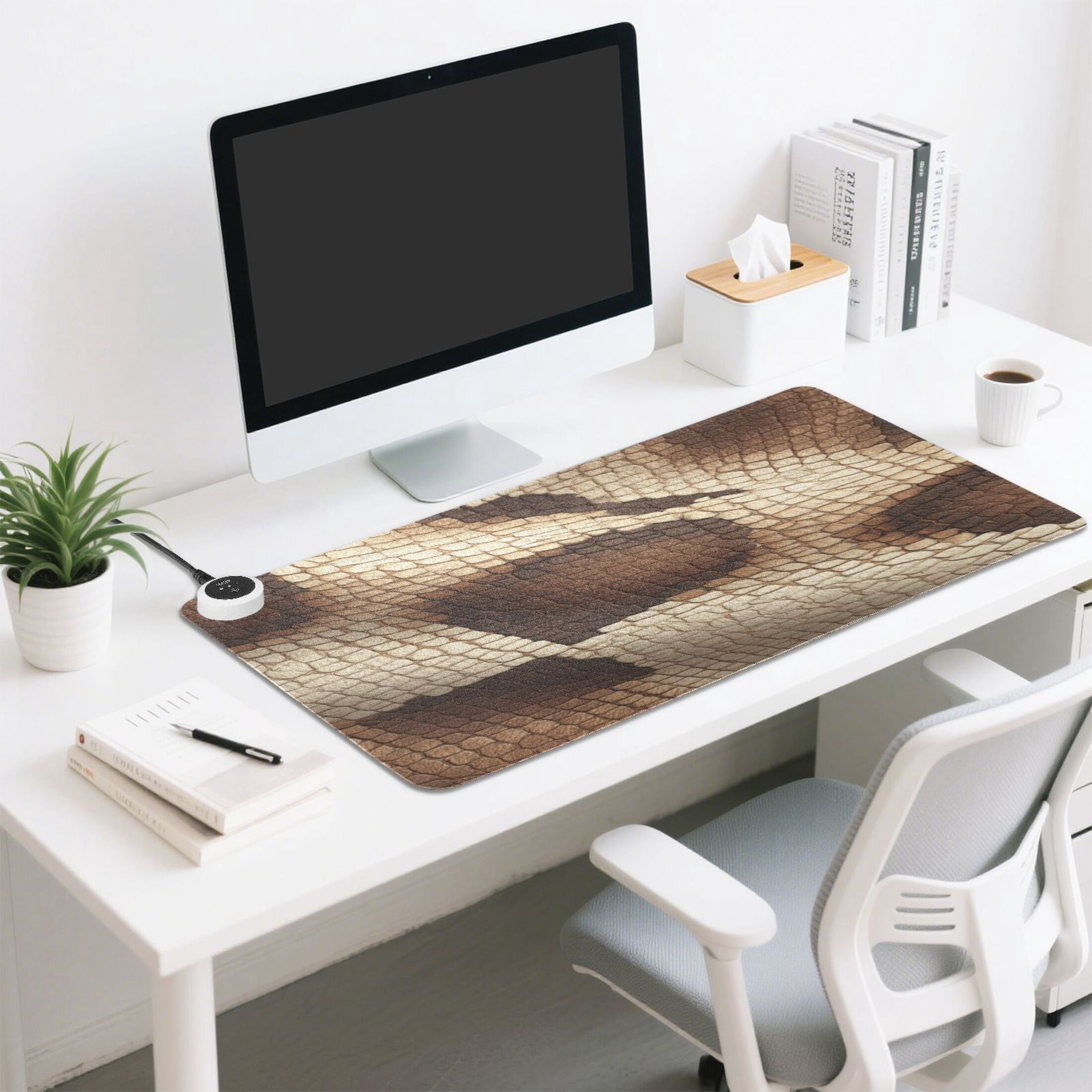 Large Heated Desk Mat Mouse Pad 31.5"x13"PU Leather Graphene Heating Desk Warmer with 3 Temperature Settings 110V US Plug Non-Slip Warm Pad for Home, Office, and Gaming Brown Snake Skin Pattern