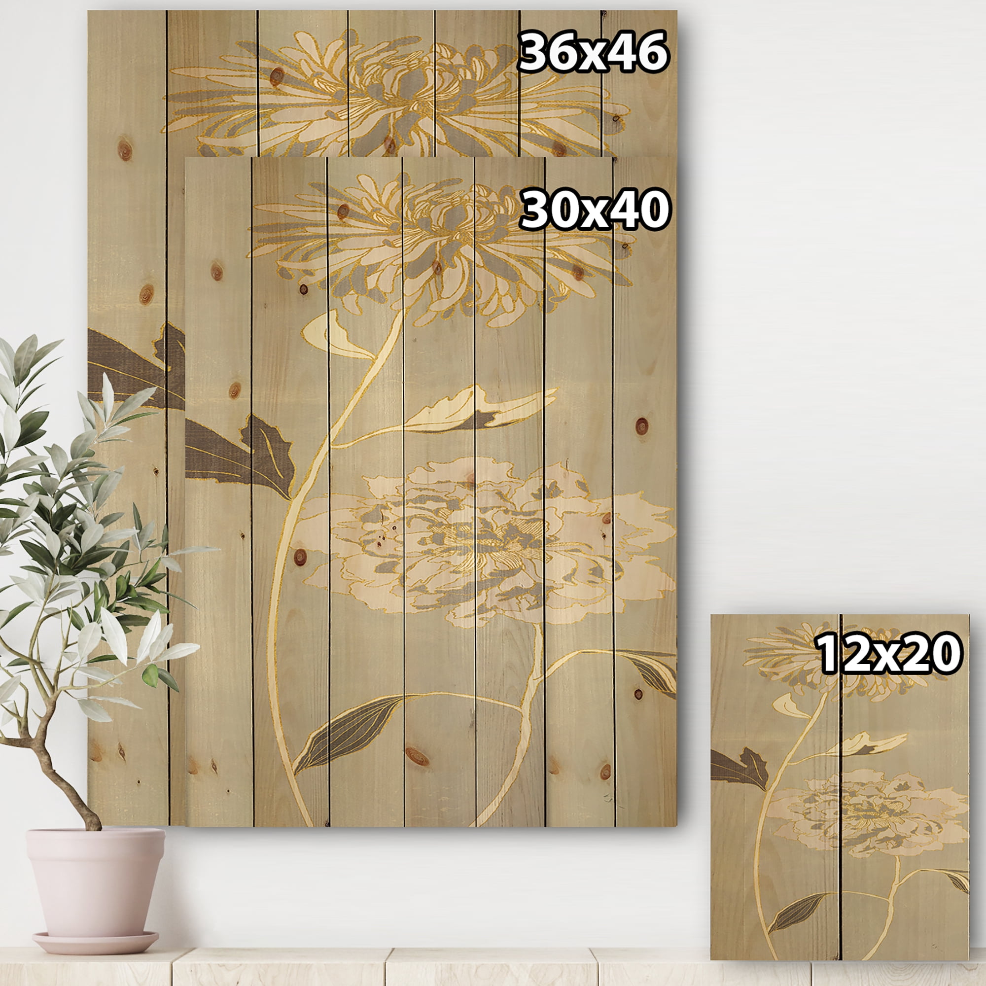 Designart 'Gold Metallic Floral Garden II' Modern Glam Print on Natural Pine Wood