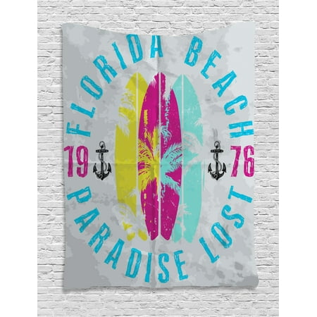 Florida Tapestry, Weathered Colorful Surfboards and Hand Drawn Anchors Paradise Beach, Wall Hanging for Bedroom Living Room Dorm Decor, 40W X 60L Inches, Pale Grey and Multicolor, by (Best Surfboard For Florida)