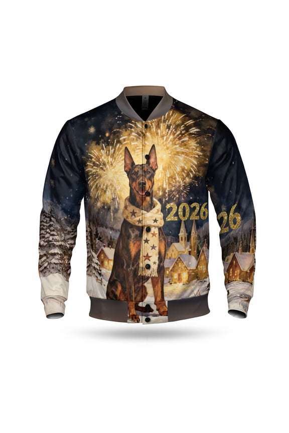 Doberman Pinscher Happy New Year 2026 with Fireworks on New Year's Eve All Over Print 3D Baseball Jacket Doberman Dog Lover Gifts Bomber Jacket Softball - 12022
