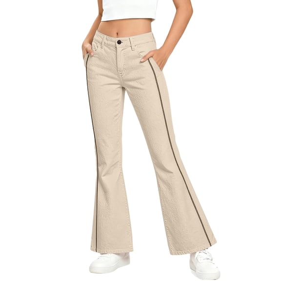 VBEWZET Girls Slim Fit Side Stripe Bootcut Pants, Button Waist Solid Flare Trousers with Pockets, Kids Daily School Casual Bottoms Beige 15-16 Years