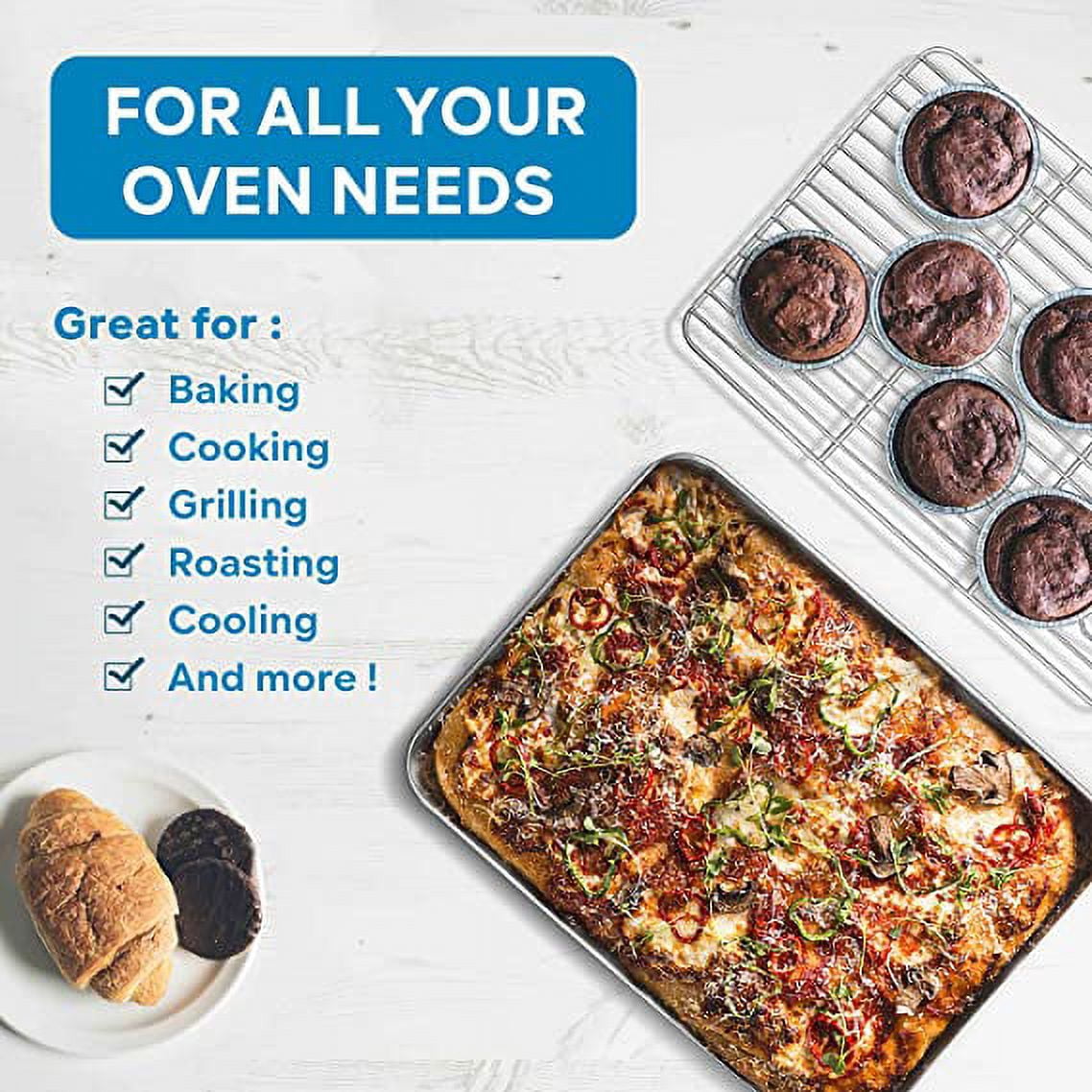 Stainless Steel Bakeware Pan Set Nonstick 16 x 12 x 1 Inch, Oven Baking Pan Cookies Sheet Tray Rack Set, Rust Resistant, Dishwasher Safe