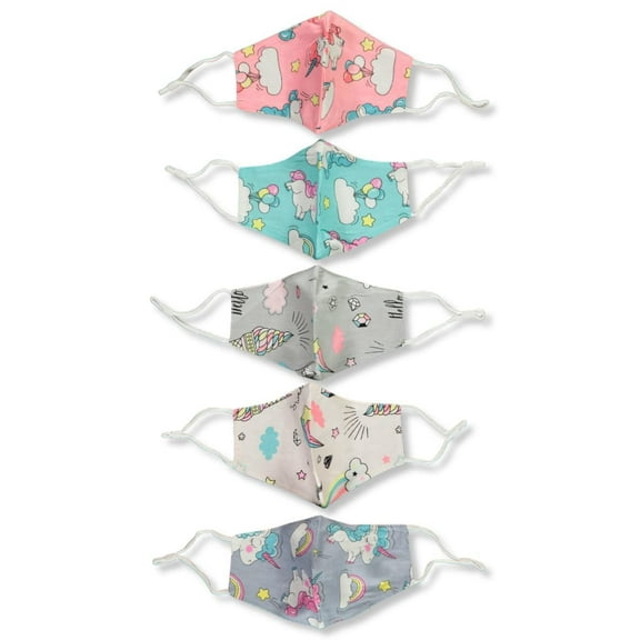 5-Pack Kids Unicorn Fashionable 100% Cotton Face Masks with Adjustable Ear Loops - unicorn print, one size