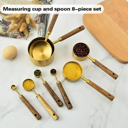 

TOPOINT 8 Piece Measuring Cups and Spoons Set Kitchen Supply Stainless Steel with Wood Handle for Dry and Liquid Ingredients