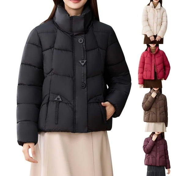 Xdegoge Down Jacket Women with Hood Zip Up Thick Winter Coats Quilted Duster Jacket Stand Collar Warm Puffer Jackets Padded Parka Coats with Pockets