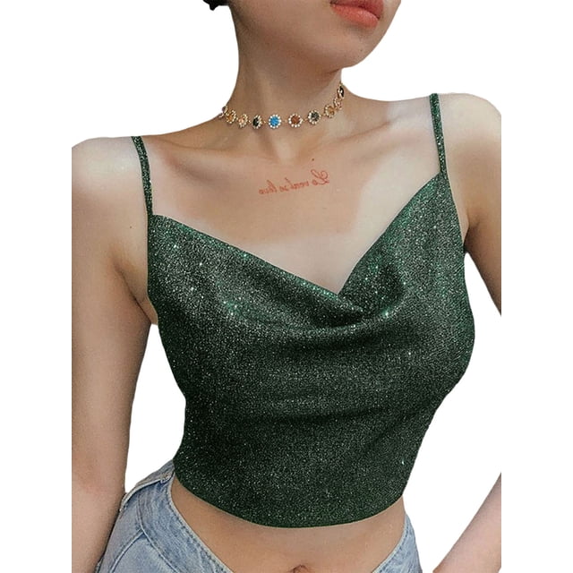Txlixc Blusa de verano para mujeres, correas de espaguetis brillantes, negras cuello V de corte bajo para niñas Txlixc moda