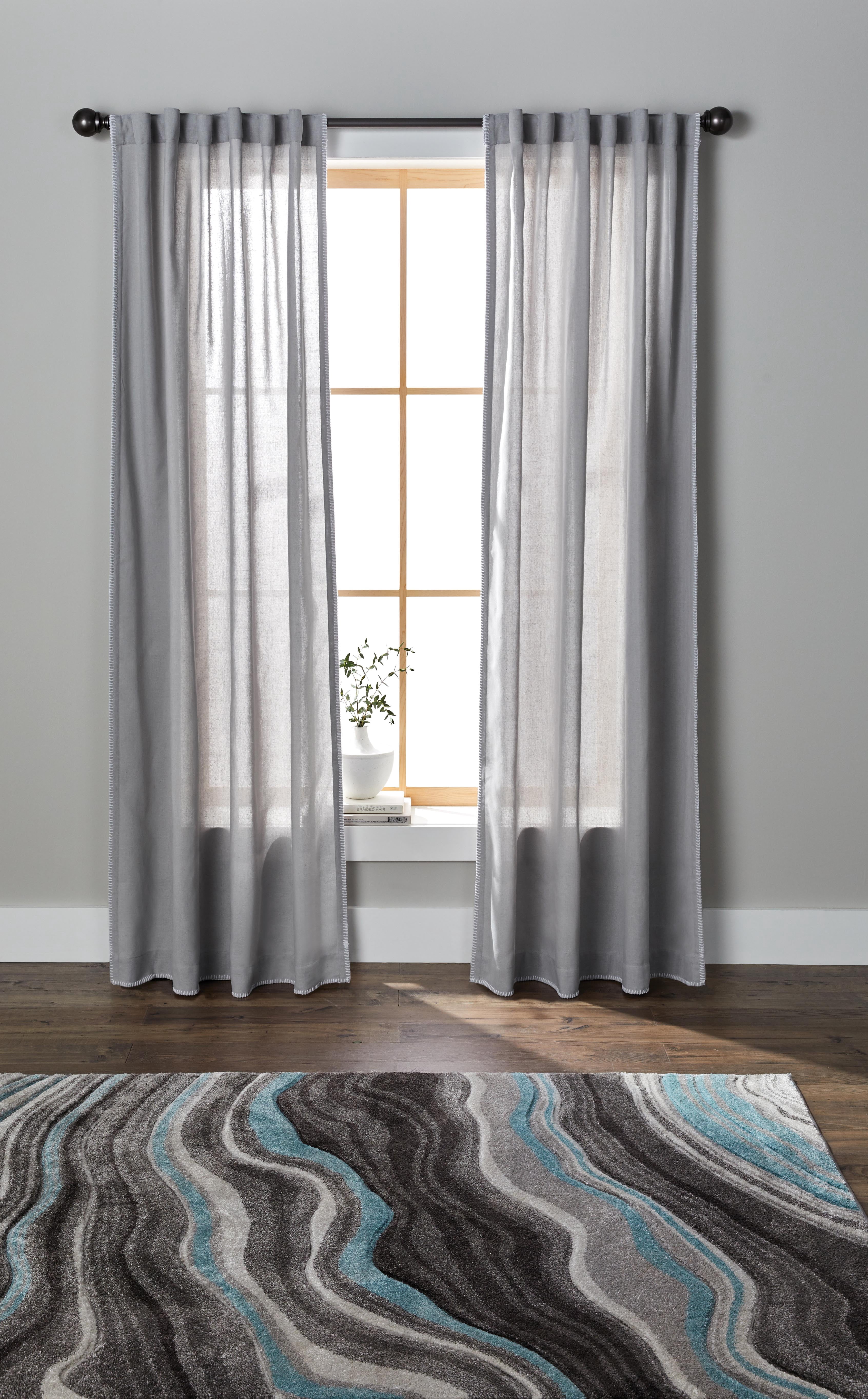 Better Homes & Gardens Whipstitch Light Filtering Rod Pocket Single Curtain Panel, Silver with White Stitching