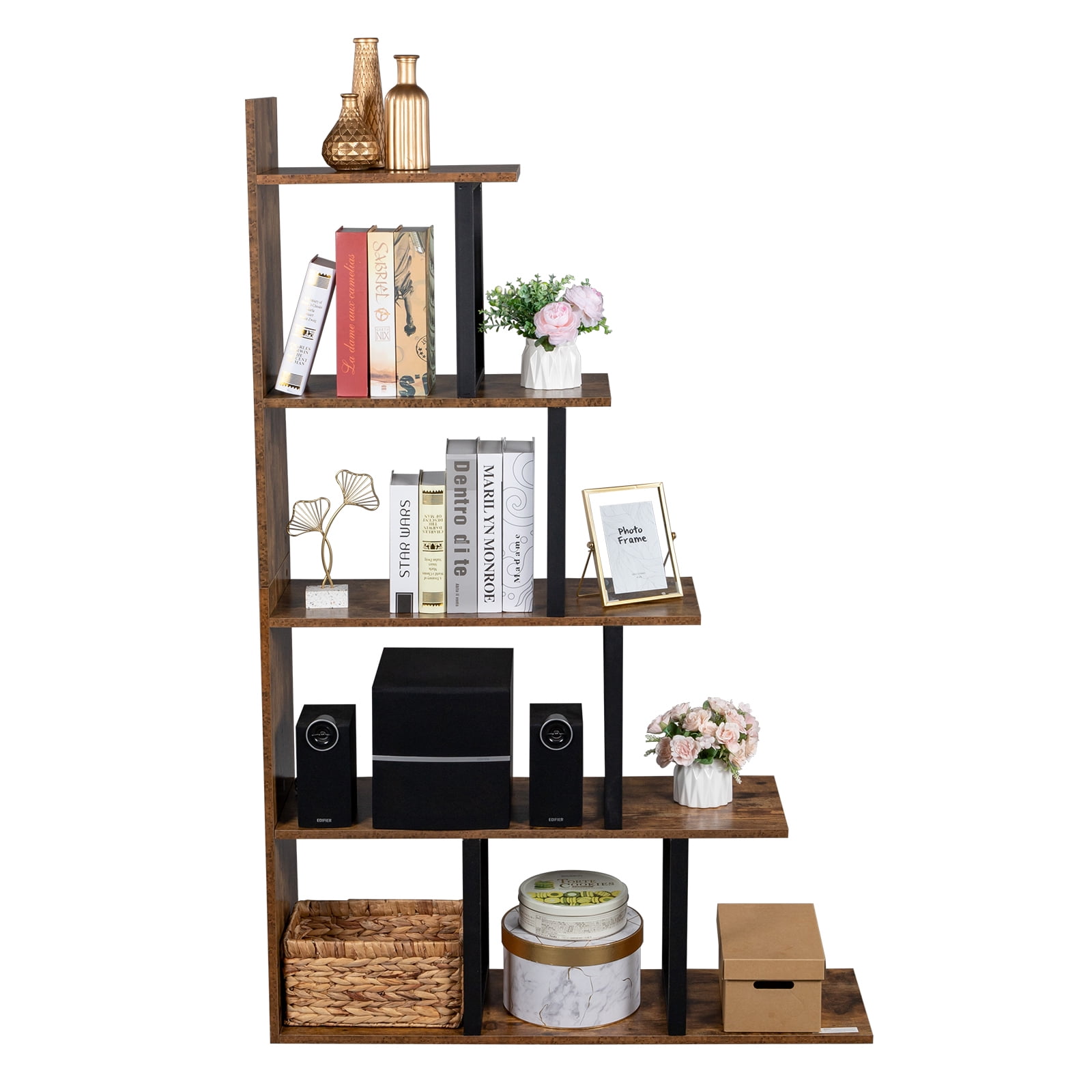 Kepooman 5-Tier Bookshelf, Industrial Vintage Freestanding Bookcase Multipurpose Storage Display Rack, Modern Industrial Metal Bookcase Display Rack and Storage Organizer for Living Room Bedroom Kepooman 5-Tier Bookshelf, Industrial Vintage Freestanding Bookcase Multipurpose Storage Display Rack, Modern Industrial Metal Bookcase Display Rack and Storage Organizer for Living Room Bedroom