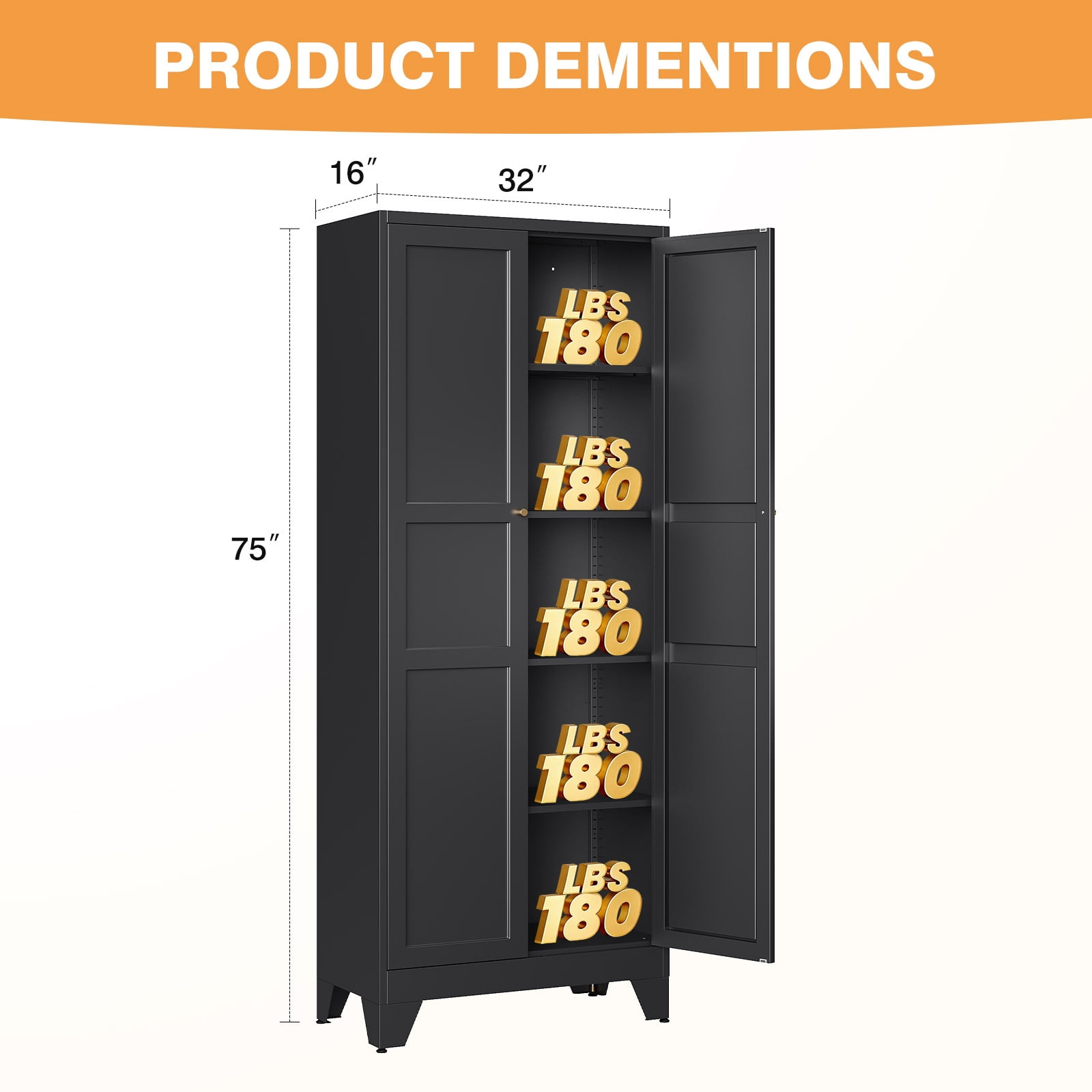 STANI 75"H Freestanding Storage Cabinet with 4 Adjustable Shelves and Legs, Metal/Alloy Steel, for Cupboard/Dining Room/Bathroom/Living Room/Office/Laundry Room (Black, 75"H)