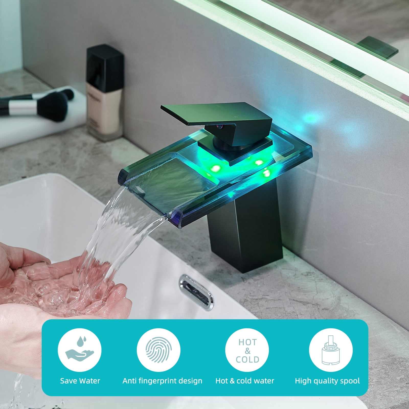 Bathroom Sink Faucet Replacement Bathroom Sink Faucet LED Light 3 Colors Changing Waterfall Glass Spout Hot Cold Water Mixer Single Handle One Hole Deck Mounted Bathroom Faucet Black Lavatory Vanity