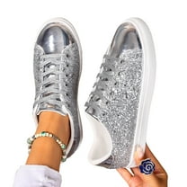 SACFOF Glitter Sparkly Low Top Sequins Lace Up Tennis Shoes Comfort Bling Fashion Shiny Walking Shoes