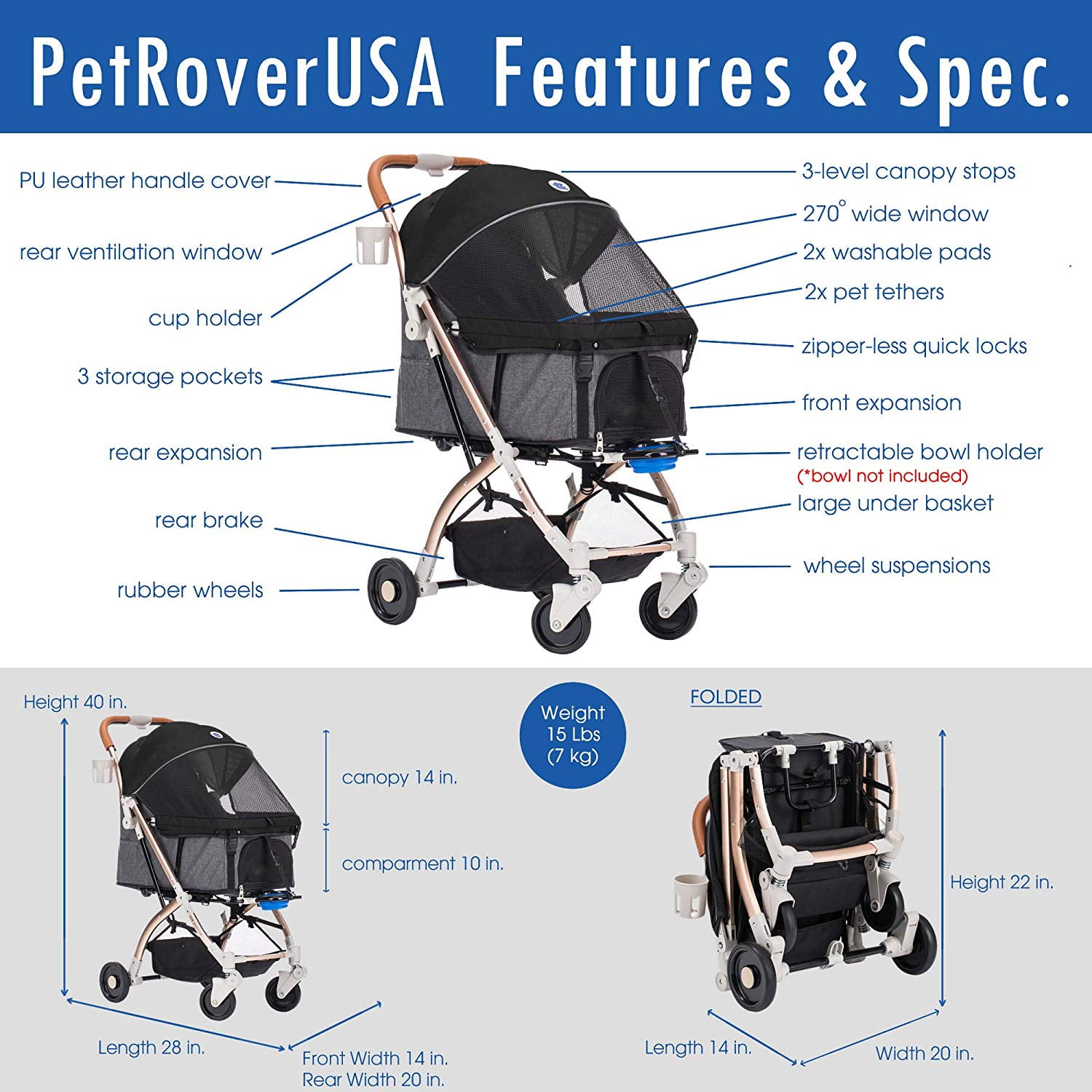 HPZ Pet Rover Lite Premium Light-Weight Dog/Cat/Pet Stroller Travel Carriag : HPZ Pet Rover XL Extra-Long Premium Heavy Duty Dog⁄Cat