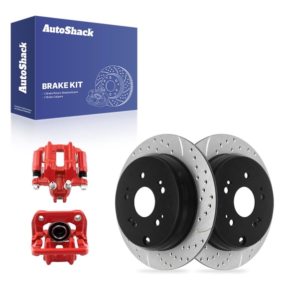 AutoShack Rear Solid Drilled & Slotted E-Coated Brake Rotors   Calipers Red 4-PC Brake Kit Replacement for 2007-2011 Honda CR-V 2007-2012 Acura RDX ShadowGuard 11.99" (304.6 mm)