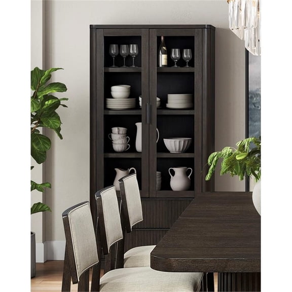 Pemberly Row Contemporary Wood Dining Display Cabinet Fully Assembled in Brown