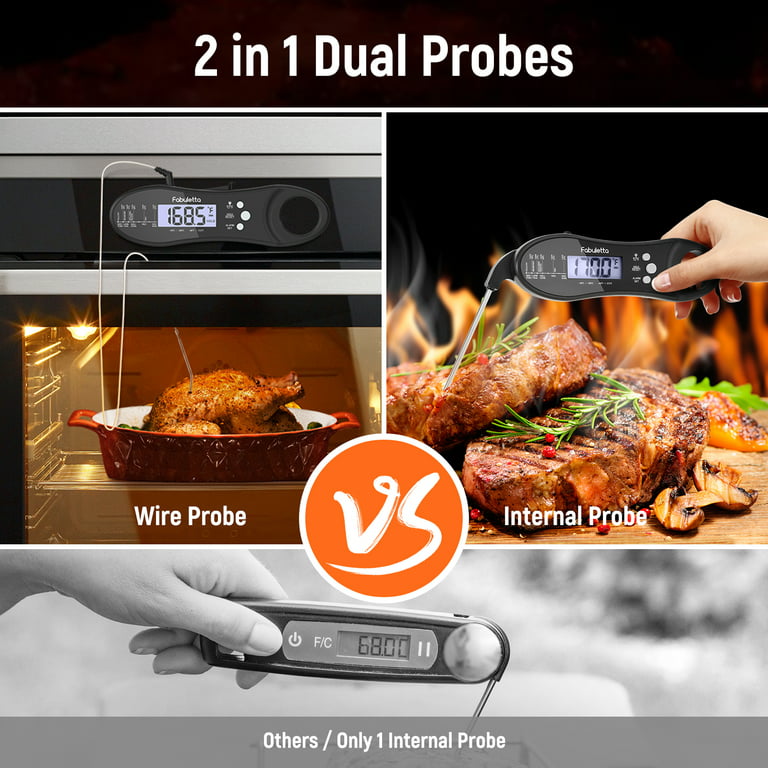 Digital meat thermometer with dual probe and long wire.