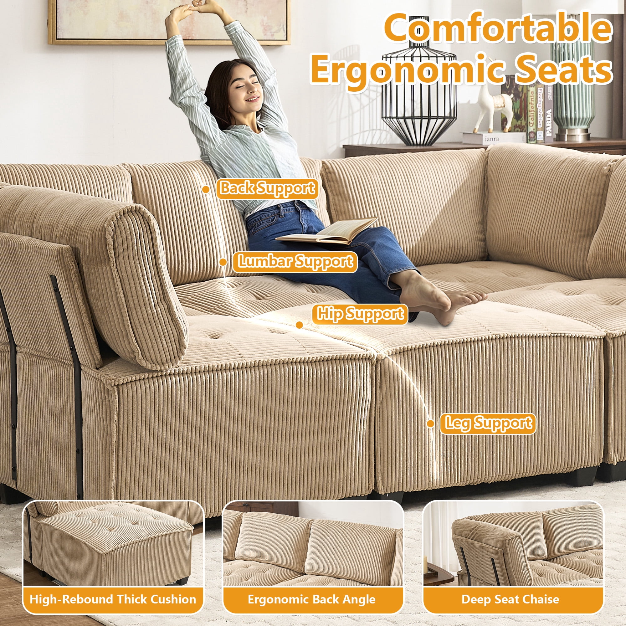 MOONMISS U-Shaped Corduroy Upholstered 6-Seat Convertible Modular Sectional Sofa Fit for Living Room-Khaki